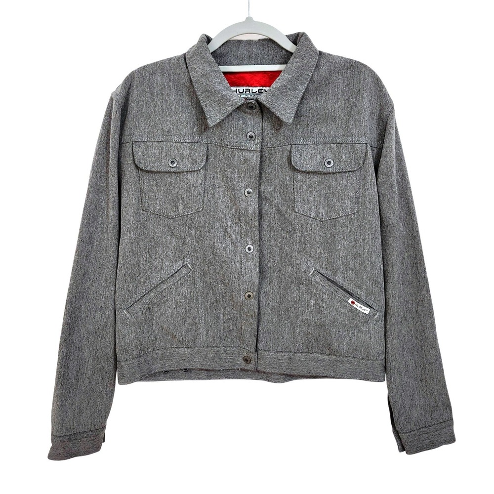 Vintage Hurley 999 Gray Denim Jean Jacket Womens Large Snap Front Y2K 2000s‎